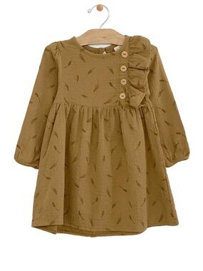 City Mouse Button Girl’s Dress Size 3 Crinkle Cotton  Long Sleeve Wheat